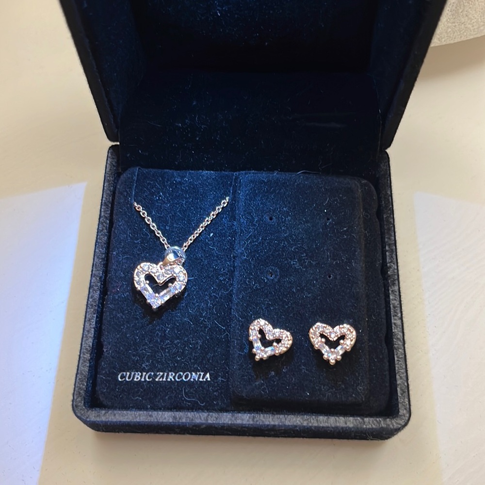 Gold Plate Cubic Zirconia Heart Necklace and Stud Earring Set, 18"